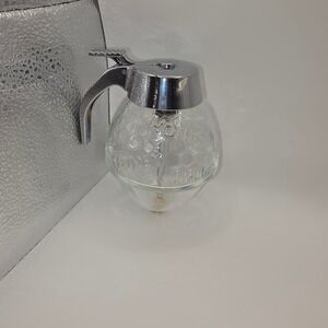 Vintage Beehive Glass Honey Dispenser Bottom Pour Chrome Lid Honeycomb Pattern